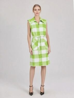 Vintage 1960s Skimma Lime Green White Gingham Zip Front Belted Shirt Dress Sz S